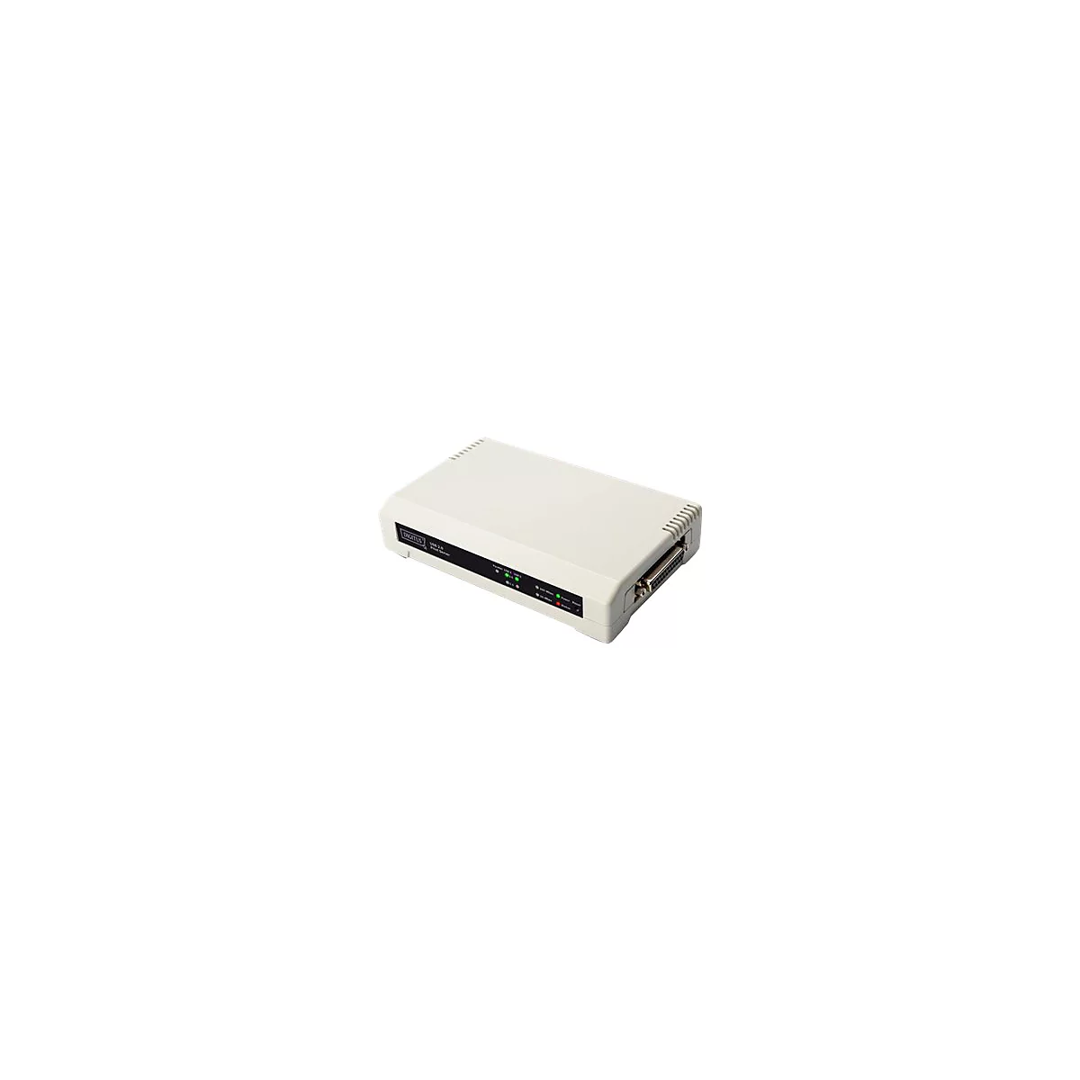 Beiger Digitus USB 2.0 Printserver mit schwarzen Bedienfeld, Status-LEDs und seitlichem Anschluss.