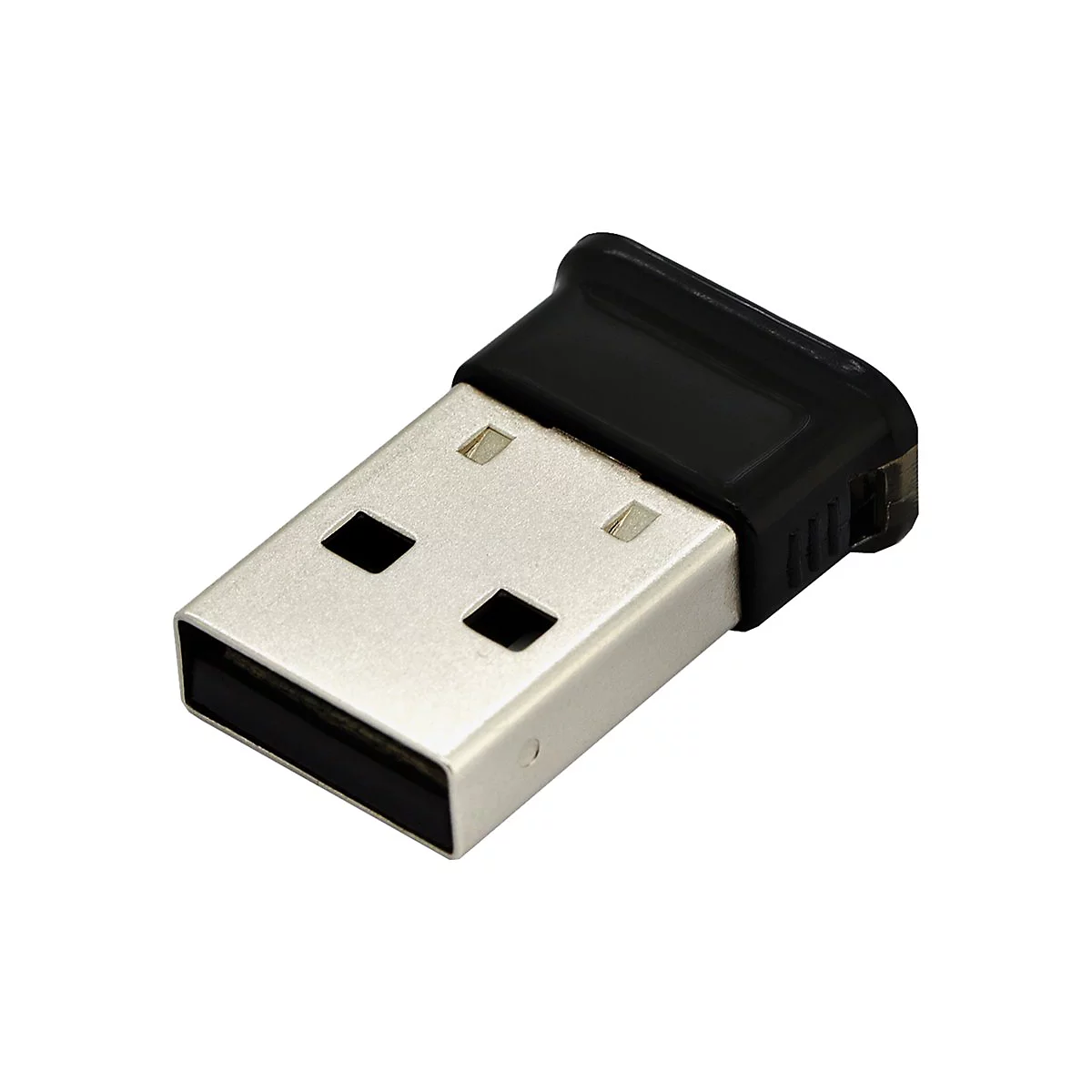 Ein USB-Bluetooth-Adapter. Silberfarbener USB-Stecker mit schwarzem Kopf.