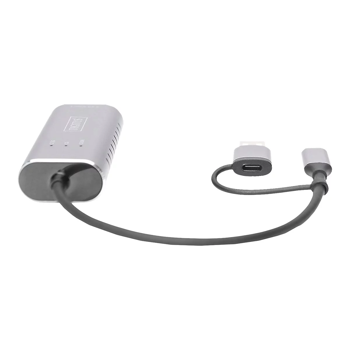 Grauer USB-C-Hub mit zwei Adaptern und Kabel. Das Produkt hat den Digitus Schriftzug.