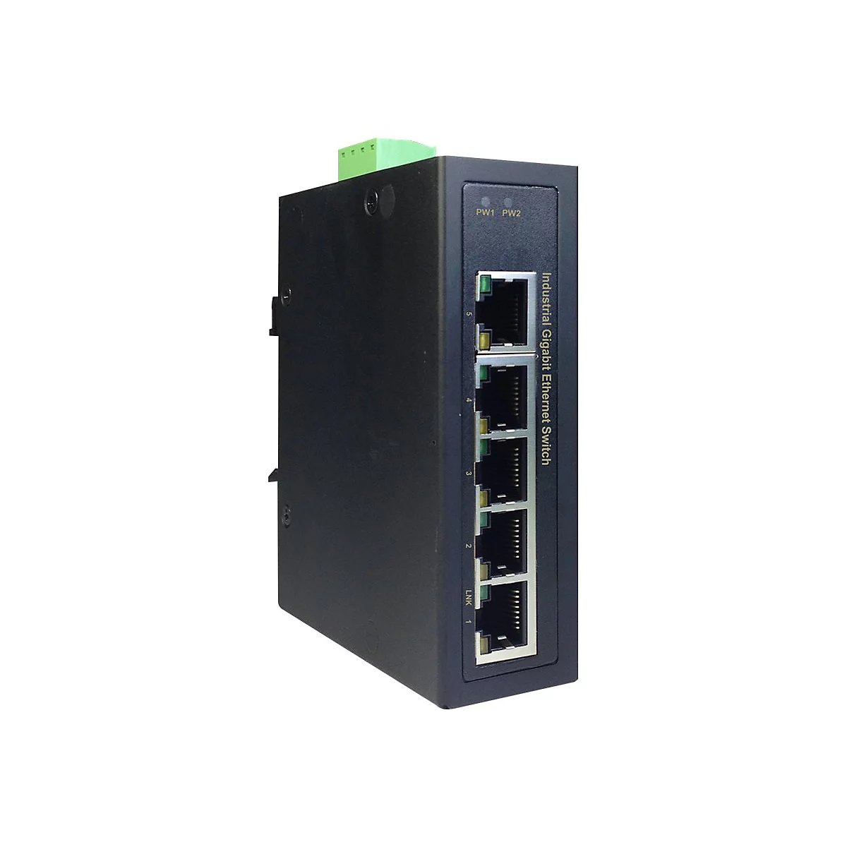 Schwarzer Industrial Gigabit Ethernet Switch mit Anschlüssen und grünen Steckern. Aufschrift: Industrial Gigabit Ethernet Switch.