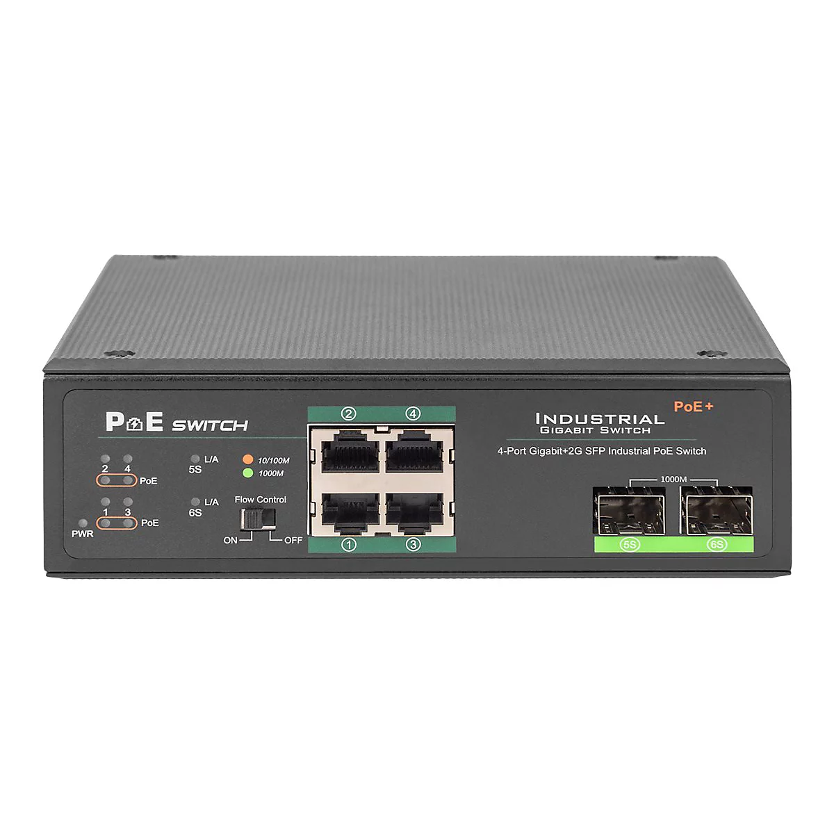 Industrieller Gigabit PoE Switch, schwarz mit AnschlÃ¼ssen. Aufschrift: INDUSTRIAL Gigabit Switch. PoE+.