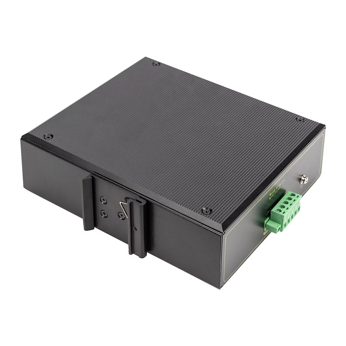 Schwarzes, rechteckiges elektronisches GerÃ¤t mit grÃ¼nem Anschluss, Schrauben und Klammern.