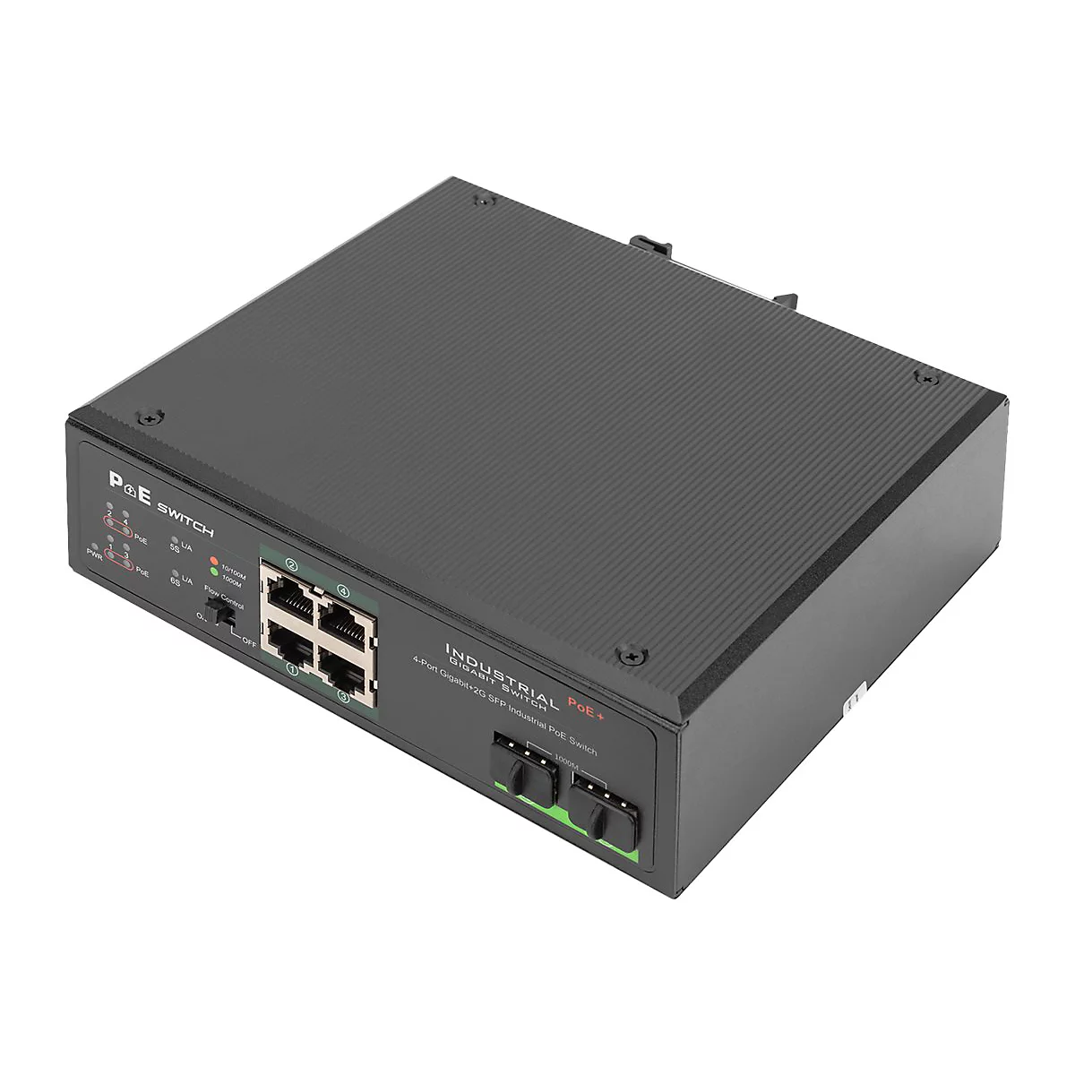 Ein schwarzer P&E Switch vor weiÃŸem Hintergrund. Er hat AnschlÃ¼sse, Kontrollleuchten und SchriftzÃ¼ge.