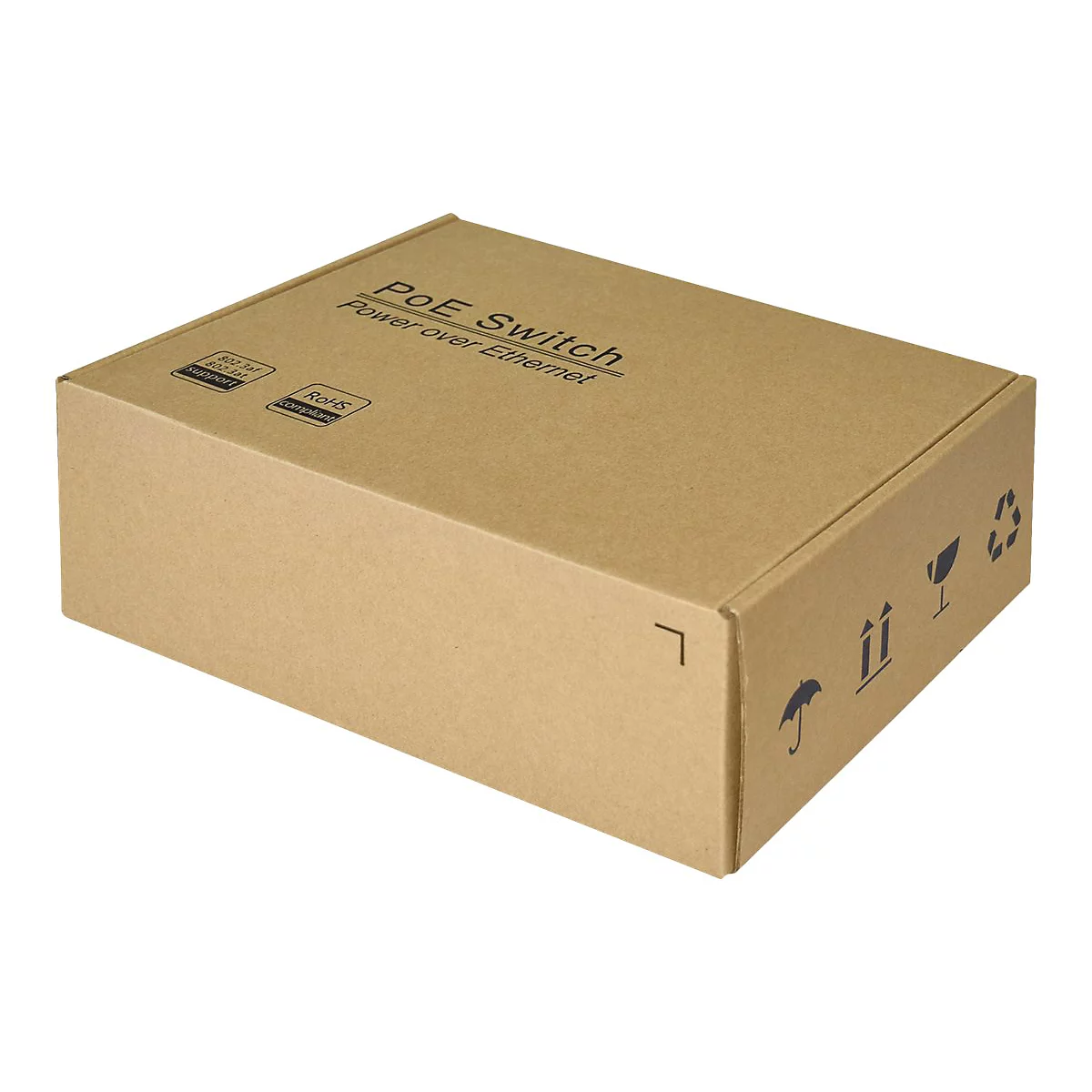 Ein brauner Karton mit der Aufschrift PoE Switch Power over Ethernet. Auf dem Karton sind Symbole abgebildet.