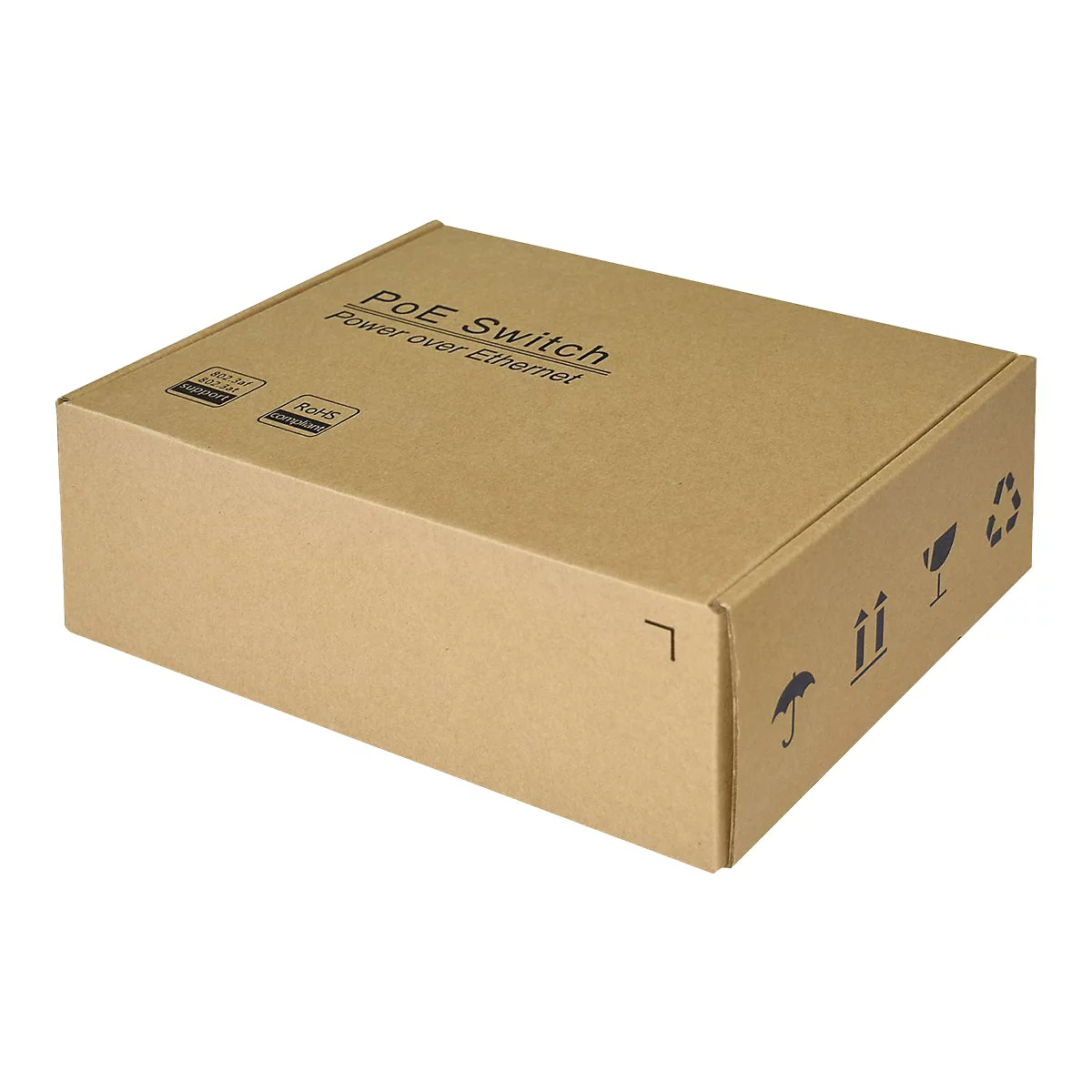 Braune Pappschachtel mit Aufschrift PoE Switch Power over Ethernet.