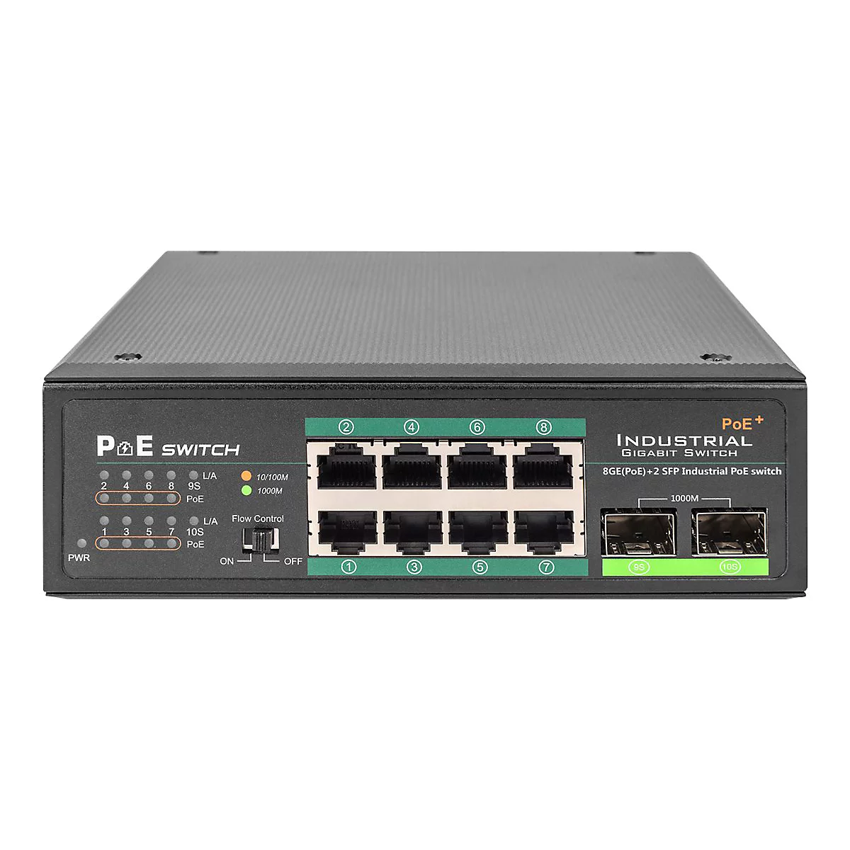 Ein schwarzer PoE Switch mit Ports, Beschriftung und LED-Anzeigen. Aufschrift: Industrial Gigabit Switch.