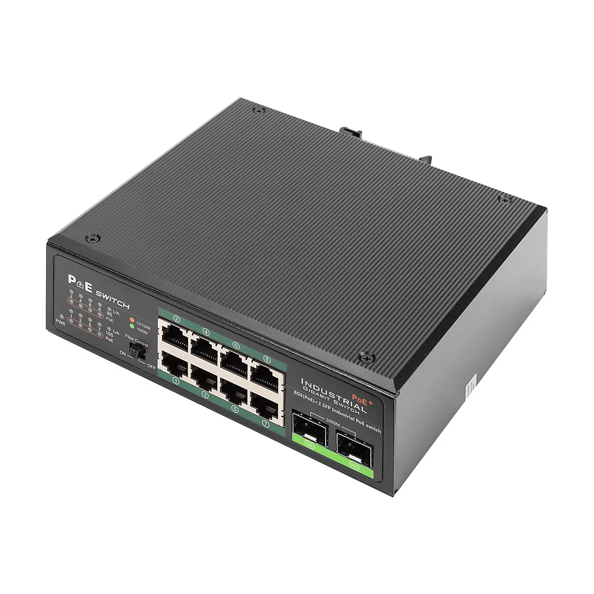 Ein schwarzer PoE-Switch mit acht Ports, Beschriftung INDUSTRIAL Ethernet Switch.