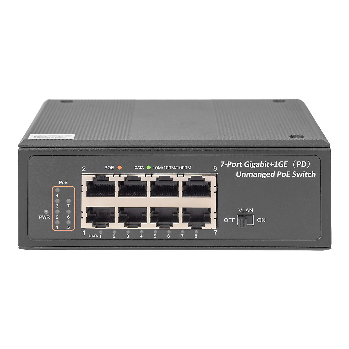 Schwarzer 7-Port Gigabit PoE Switch, vorne befinden sich acht Ports, LEDs und ein Schalter.