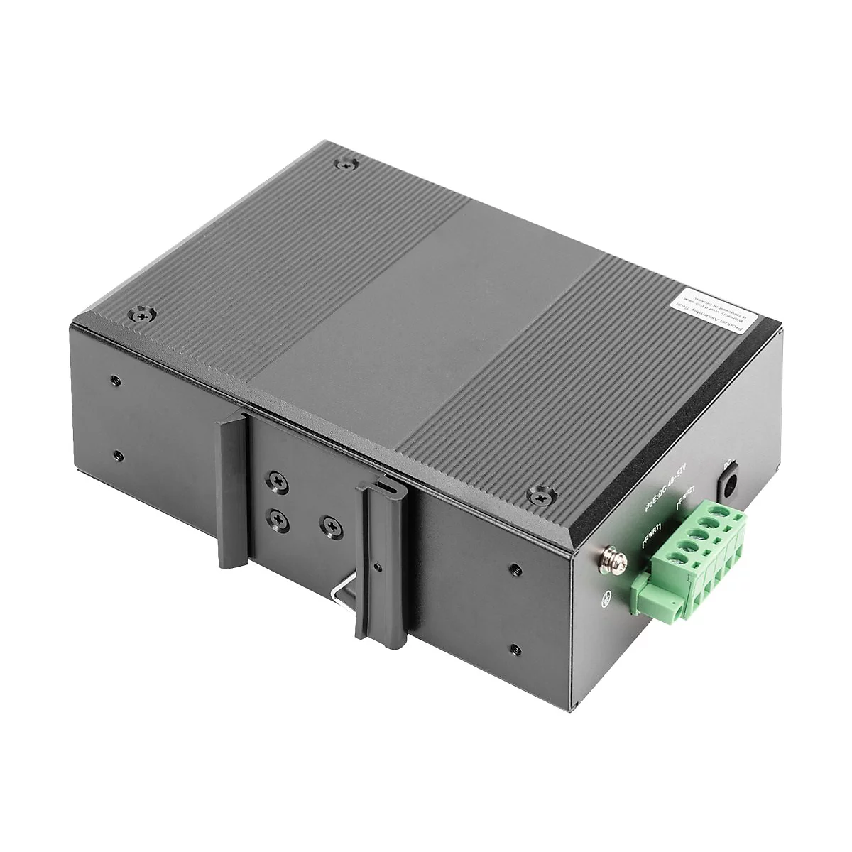 Schwarzes elektronisches GerÃ¤t mit grÃ¼nem Stecker und Montagevorrichtung. Auf grauem Hintergrund.
