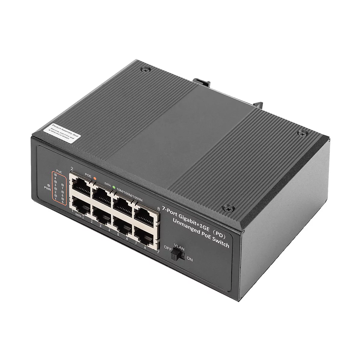 Ein schwarzer Netzwerk-Switch mit 7 Ports und verschiedenen AnschlÃ¼ssen und Schaltern.