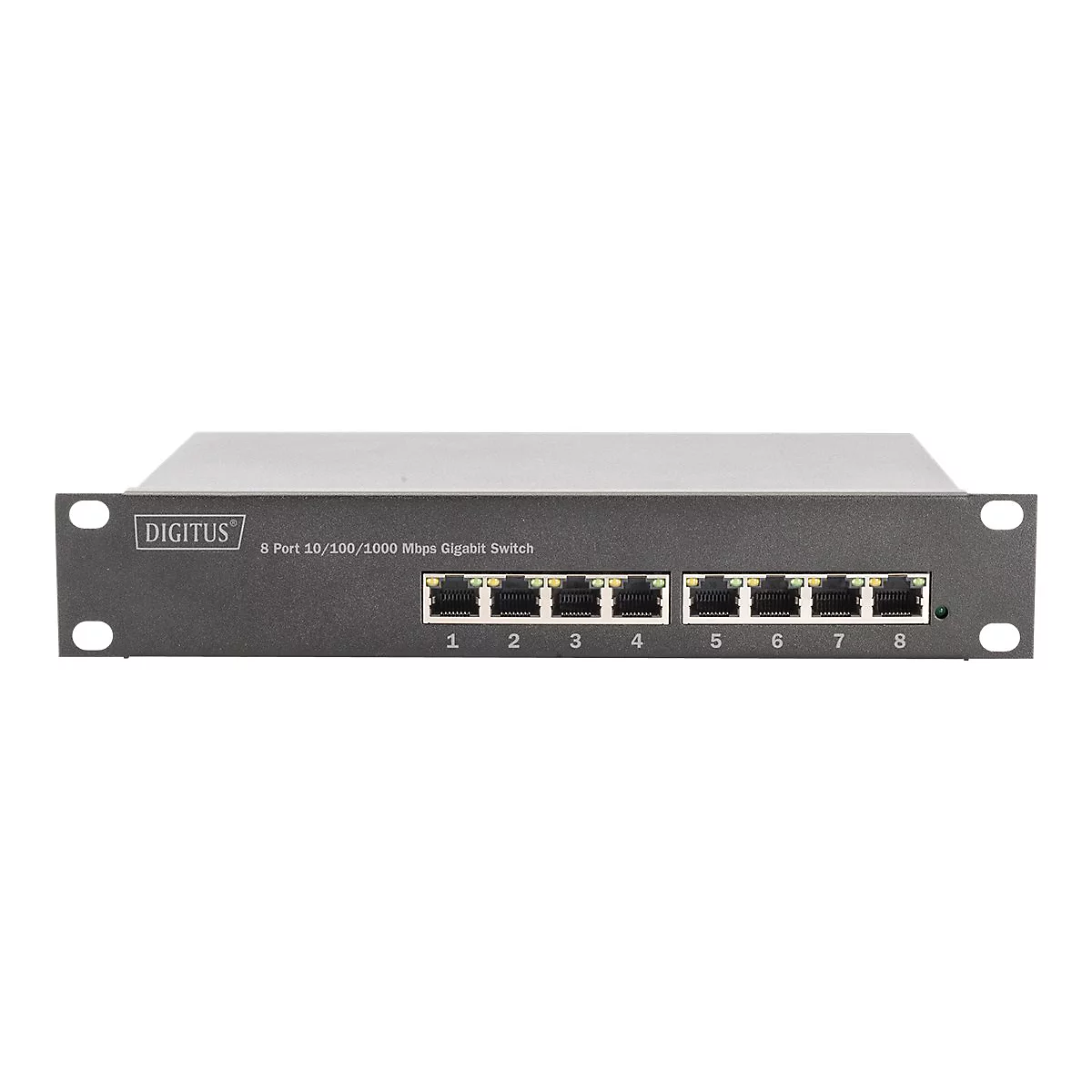 Ein schwarzer 8-Port-Gigabit-Switch mit dem DIGITUS-Logo und nummerierten Ports.