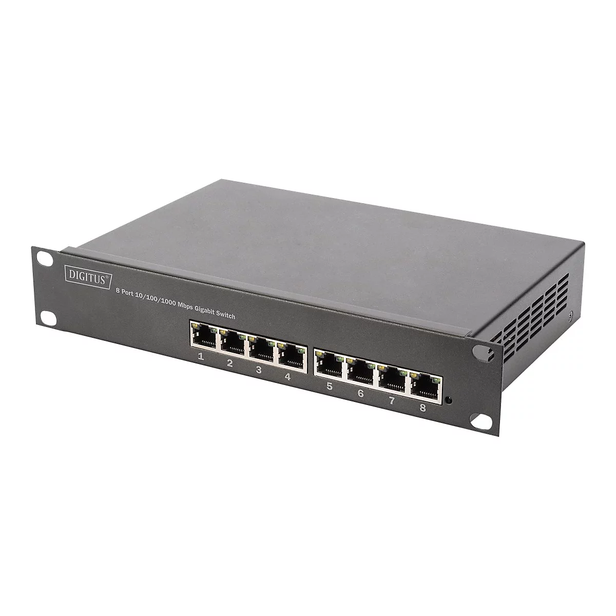 Ein schwarzer Netzwerk Switch mit 8 Ports, mit dem Schriftzug Digitus und der Beschriftung der einzelnen Ports.