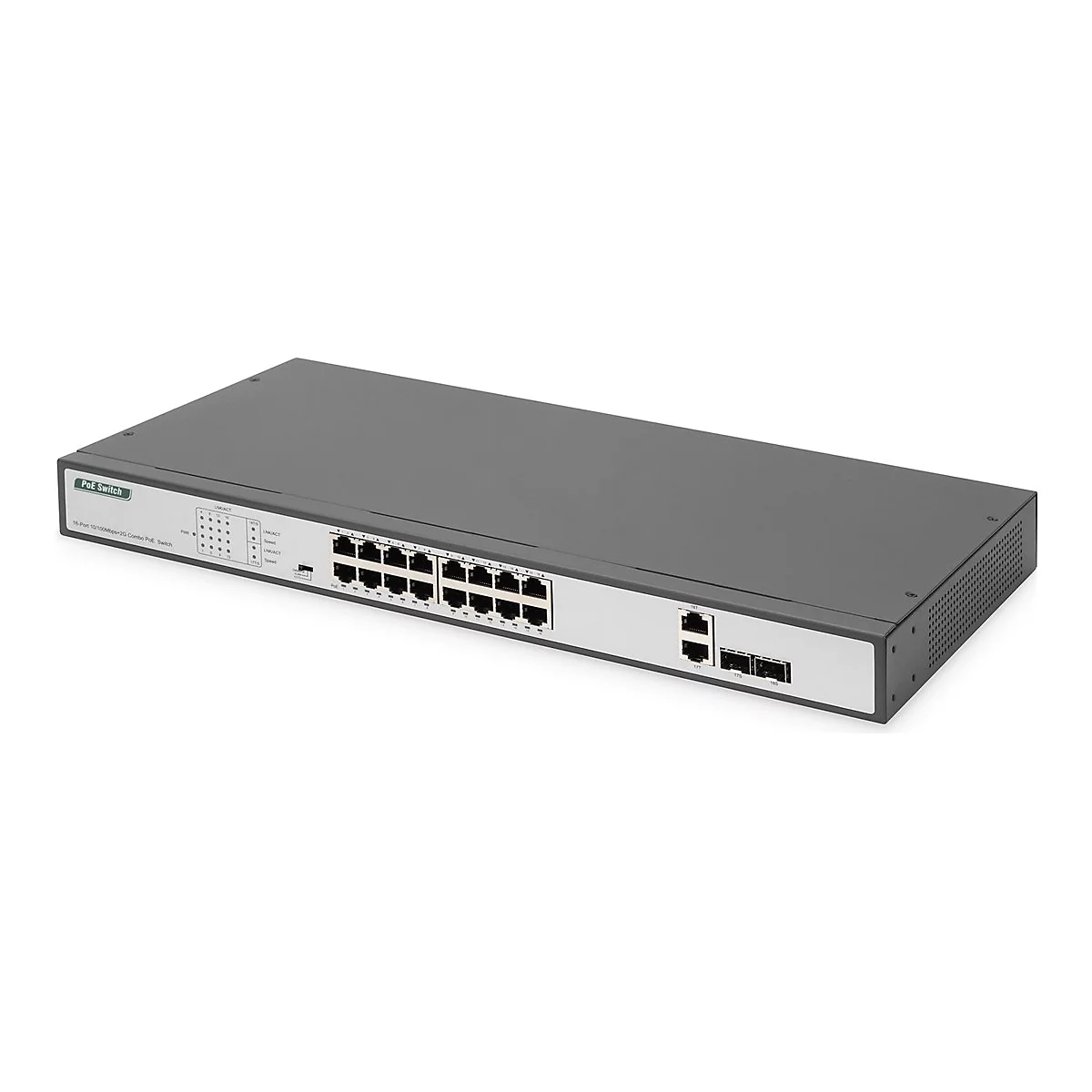 Un commutateur PoE gris avec 16 ports. Les ports réseau et les LED sont visibles à l'avant.