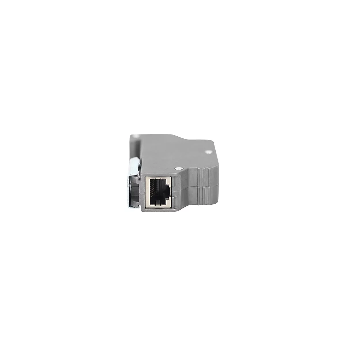 Grauer Netzwerkanschluss mit RJ45-Buchse und Metallhalterung, Detailaufnahme.