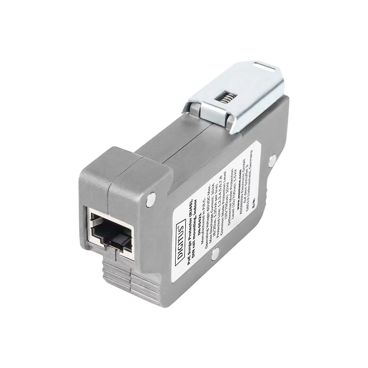 DIGITUS DN-95421 - PoE-Überspannungsschutz (DIN-Schienenmontage möglich) - Ausgangsanschlüsse: 1 - Grau