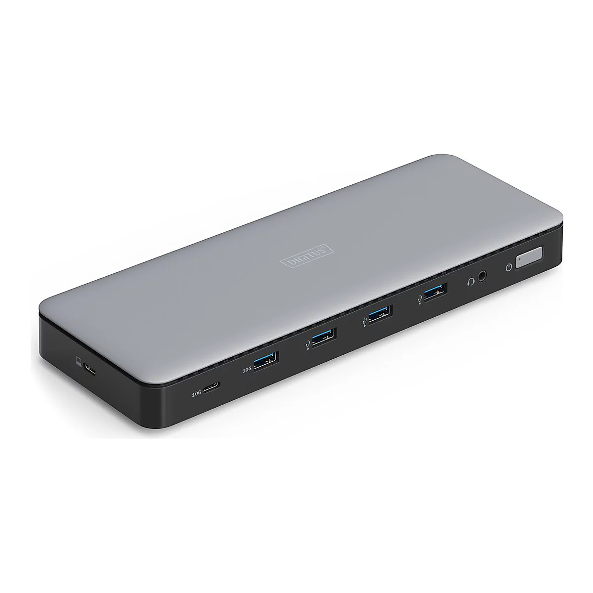 Grauer USB-C-Hub, rechteckig mit mehreren Ports, auf weiÃŸem Grund. Schwarzer Rand, kleine LED-Anzeige.