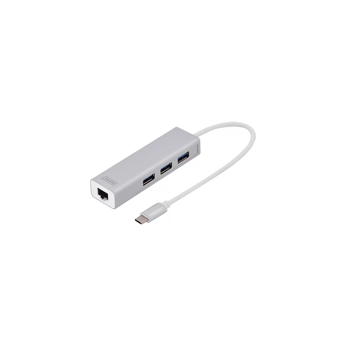 Grauer USB-C-Hub mit Ethernet-Anschluss und USB-AnschlÃ¼ssen, Kabel mit USB-C-Stecker.