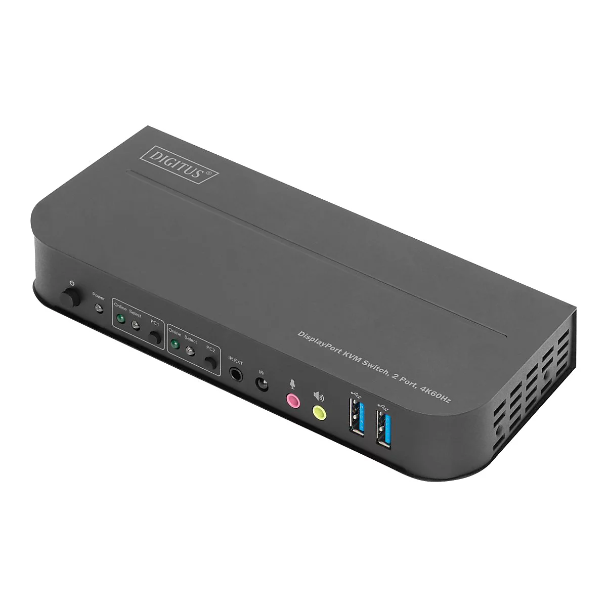 Grauer DisplayPort KVM Switch mit DIGITUS-Logo, AnschlÃ¼ssen und USB-Ports.