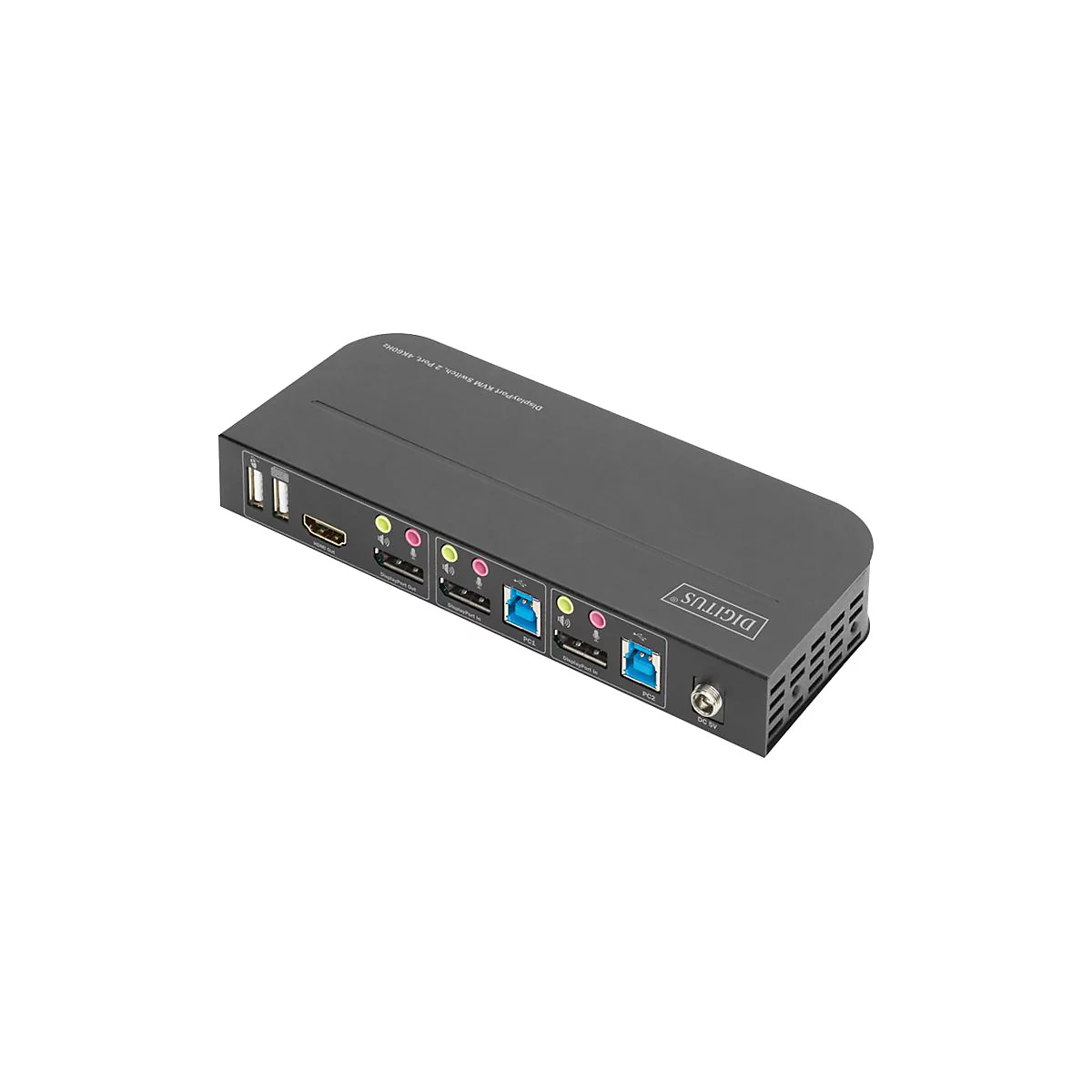 Schwarzer KVM-Switch mit USB-, HDMI- und Audio-AnschlÃ¼ssen. Aufschrift: 'Digitus'.