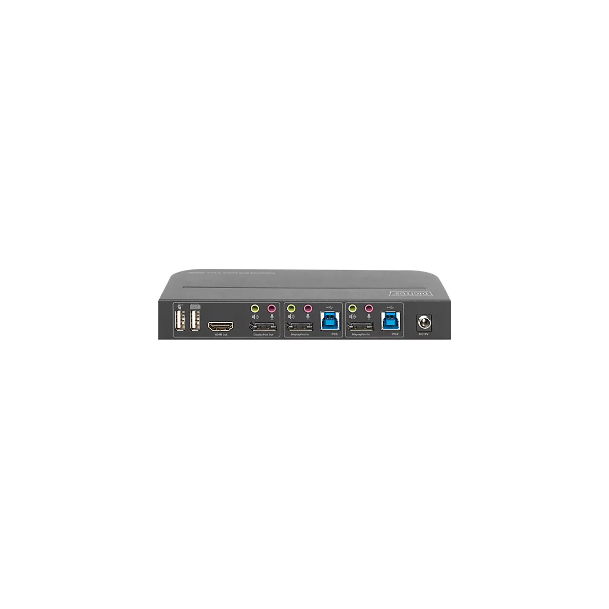 Graues GerÃ¤t mit AnschlÃ¼ssen fÃ¼r USB, HDMI, KopfhÃ¶rer und Mikrofon, beschriftet mit 'Kensington'.