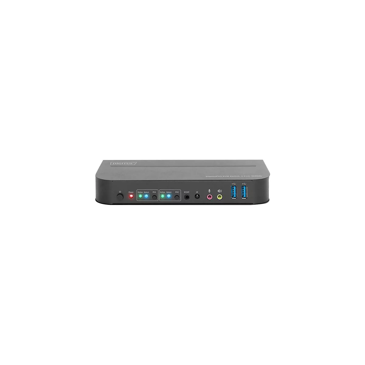 Schwarzer USB-Switch, vorne mit AnschlÃ¼ssen, LEDs und USB-Ports, grauer Hintergrund.