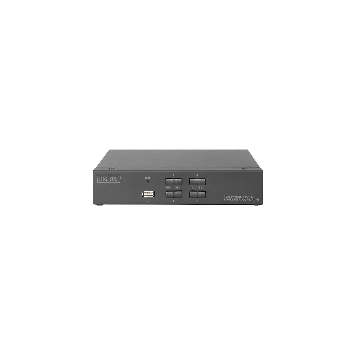 Ein grauer KVM-Switch mit Tasten, USB-Anschluss und Digitus-Logo. Aufschrift: KVM Switch, 4-Port, Single Display, 4K HDMI.
