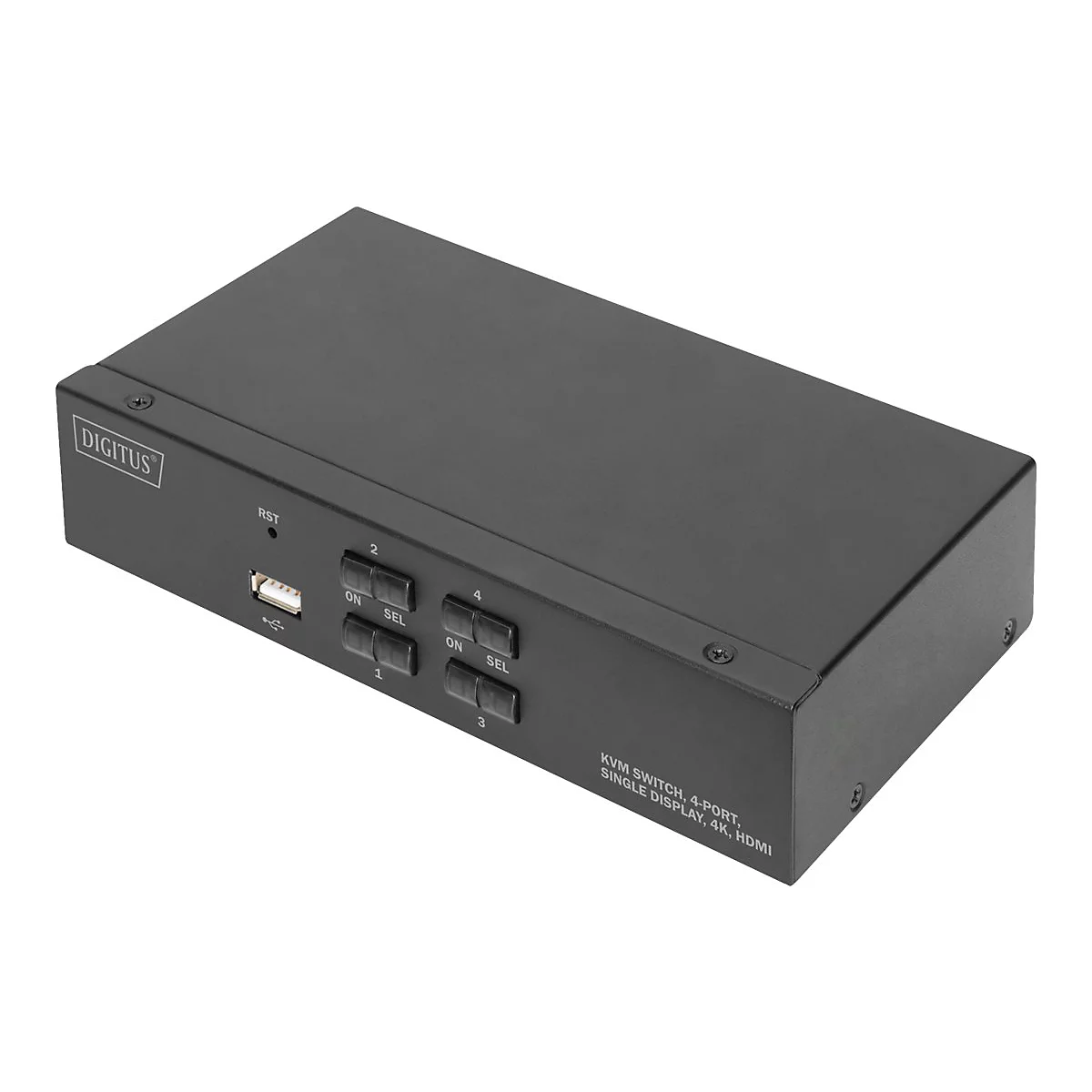 Schwarzer KVM-Switch mit Digitus-Logo, KnÃ¶pfen und AnschlÃ¼ssen.