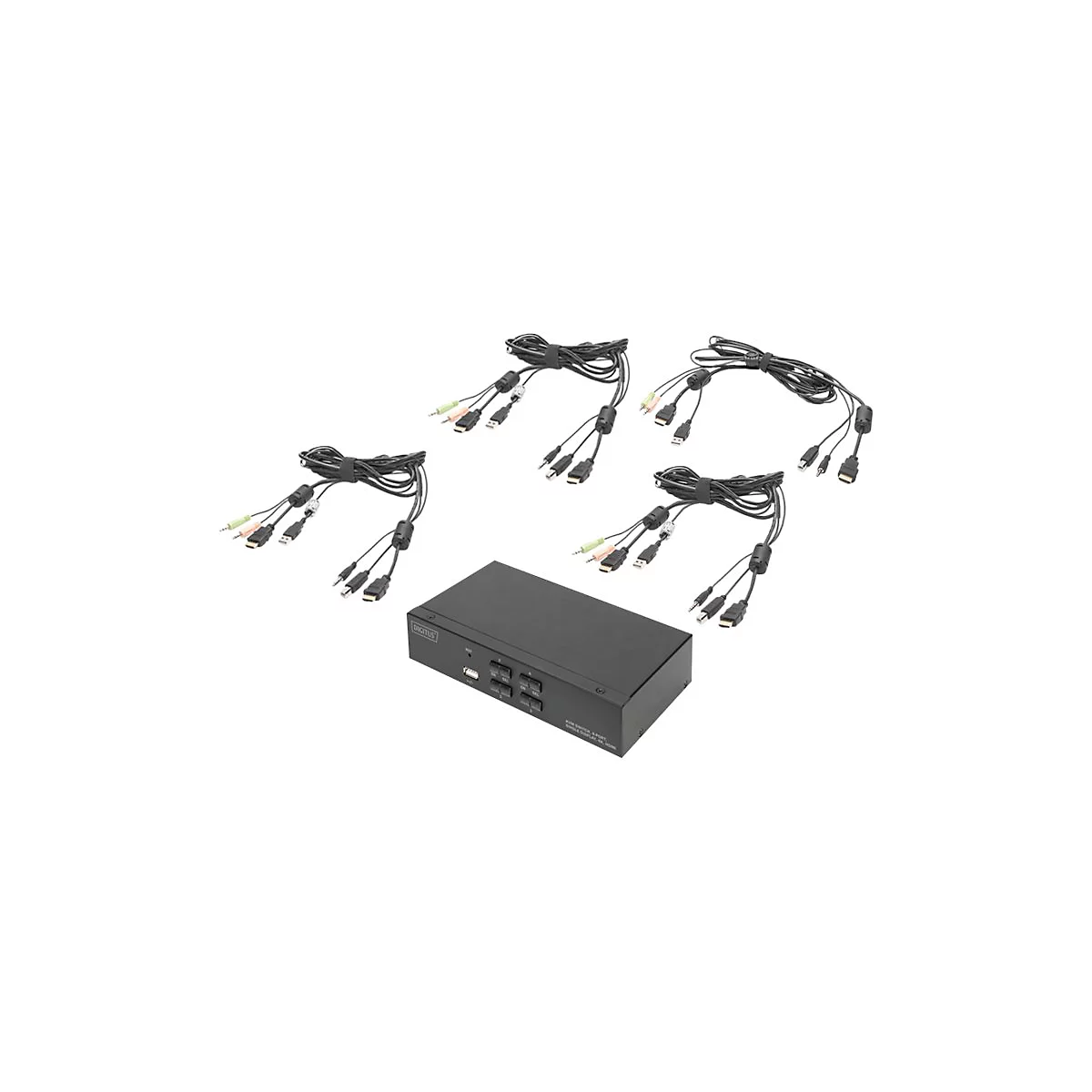 Schwarzer KVM Switch mit Kabeln. Das Set besteht aus einem schwarzen KVM Switch, sowie vier SÃ¤tzen von Kabeln mit verschiedenen AnschlÃ¼ssen.
