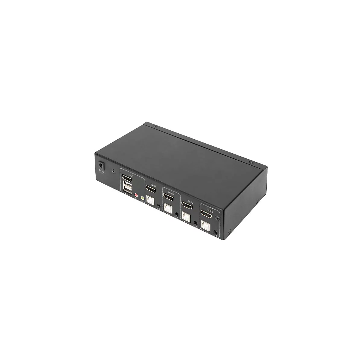 Ein schwarzer HDMI-Switch mit mehreren EingÃ¤ngen und AusgÃ¤ngen. Das GerÃ¤t hat AnschlÃ¼sse und LEDs.