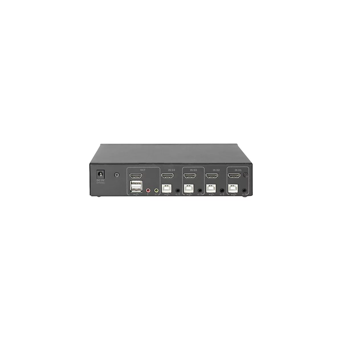 Schwarzer HDMI-Switch mit mehreren EingÃ¤ngen und AusgÃ¤ngen, beschriftet mit AnschlÃ¼ssen.