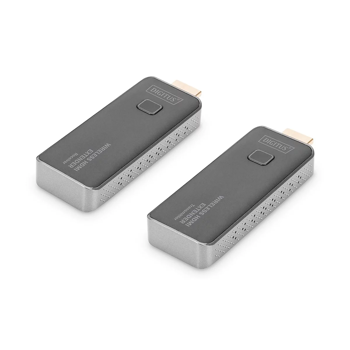 Zwei graue Digitus Wireless HDMI Extender, Sender und Empfänger, vor weißem Hintergrund.