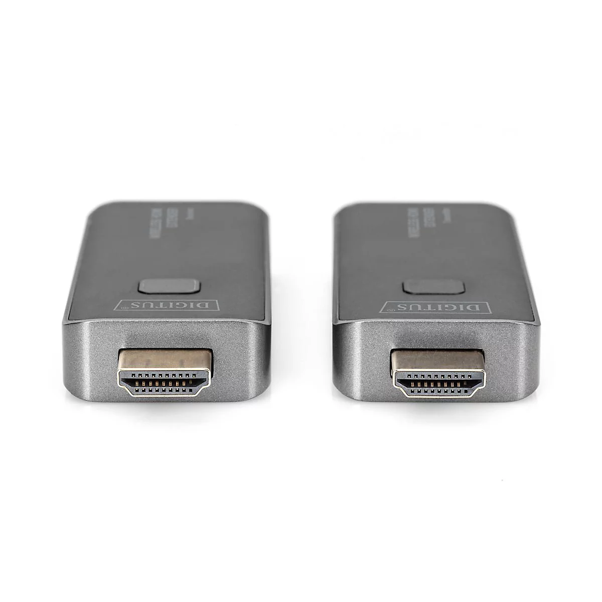 Zwei graue Digitus Wireless HDMI-Extender mit HDMI-Anschlüssen vor weißem Hintergrund.
