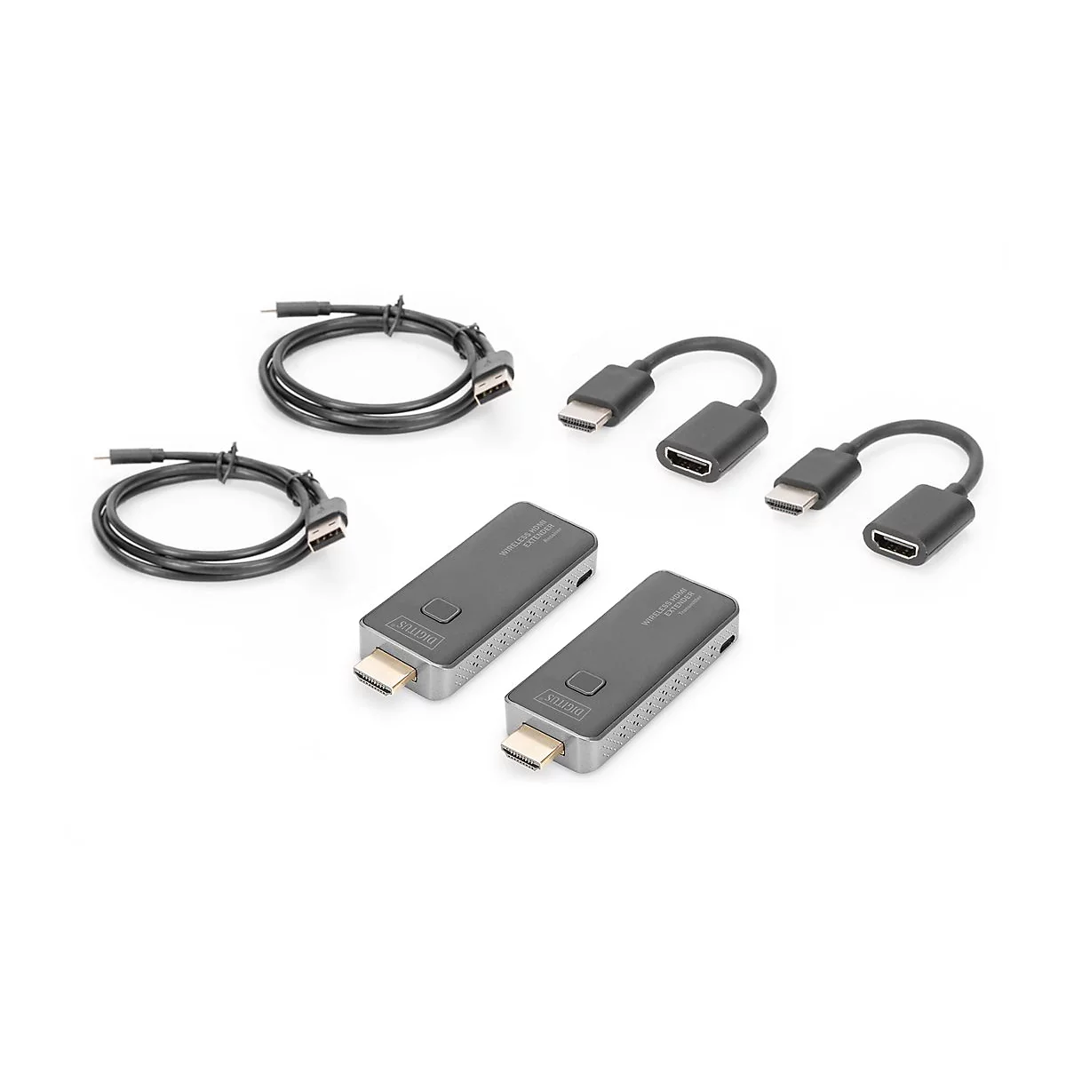 Wireless HDMI Extender Set mit zwei Dongles, zwei USB-Kabeln und zwei HDMI-Verlängerungskabeln auf weißem Hintergrund.