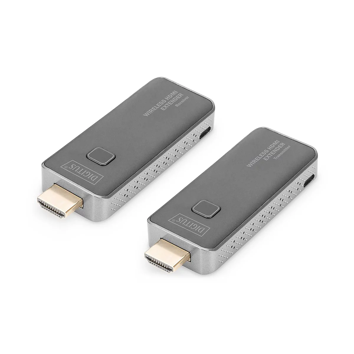 Zwei graue Digitus Wireless HDMI Extender, ein Sender und ein Empfänger, vor weißem Hintergrund.