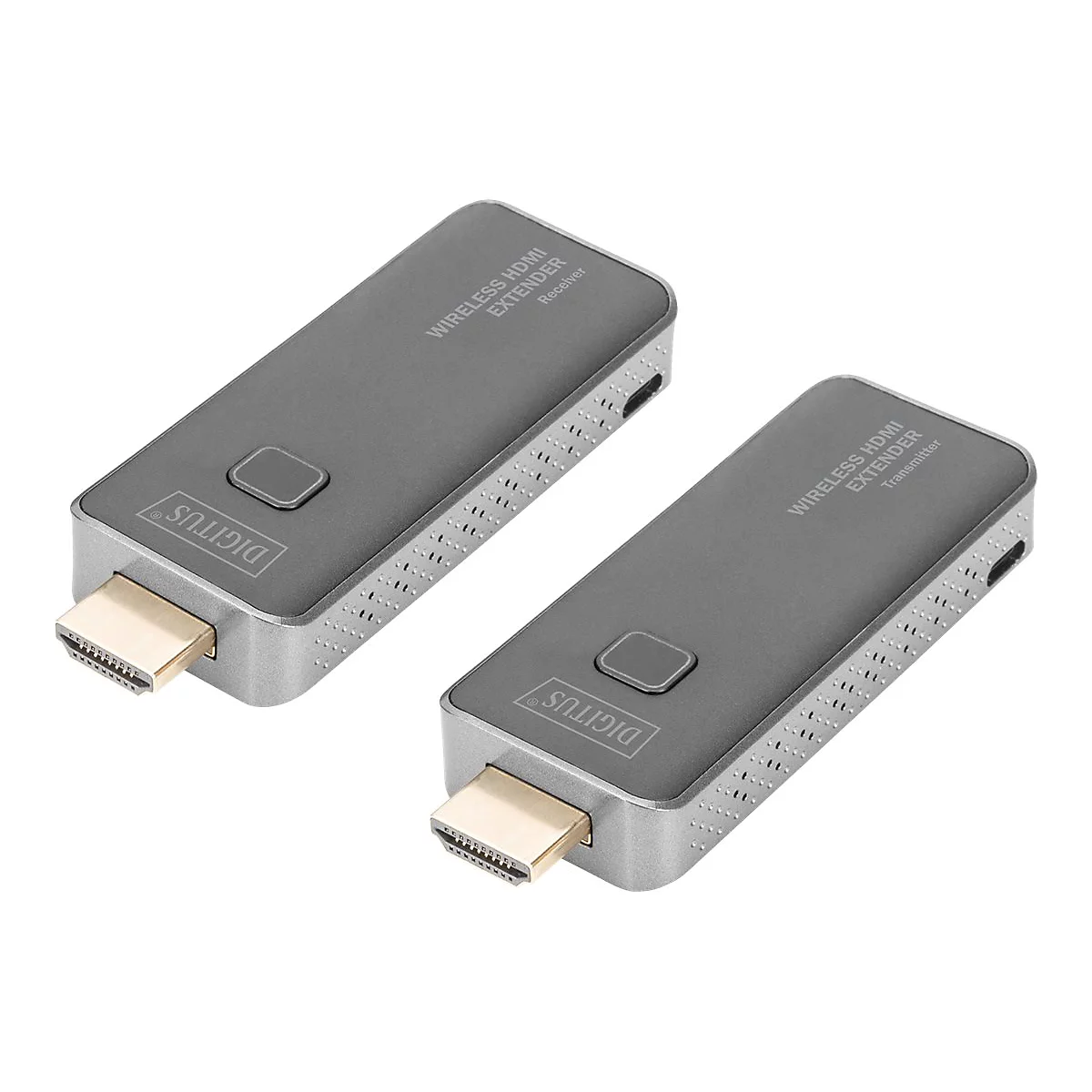 Zwei graue HDMI-Extender, einer mit dem Schriftzug 'Receiver', der andere mit 'Transmitter'. Beide haben goldfarbene Anschlüsse.