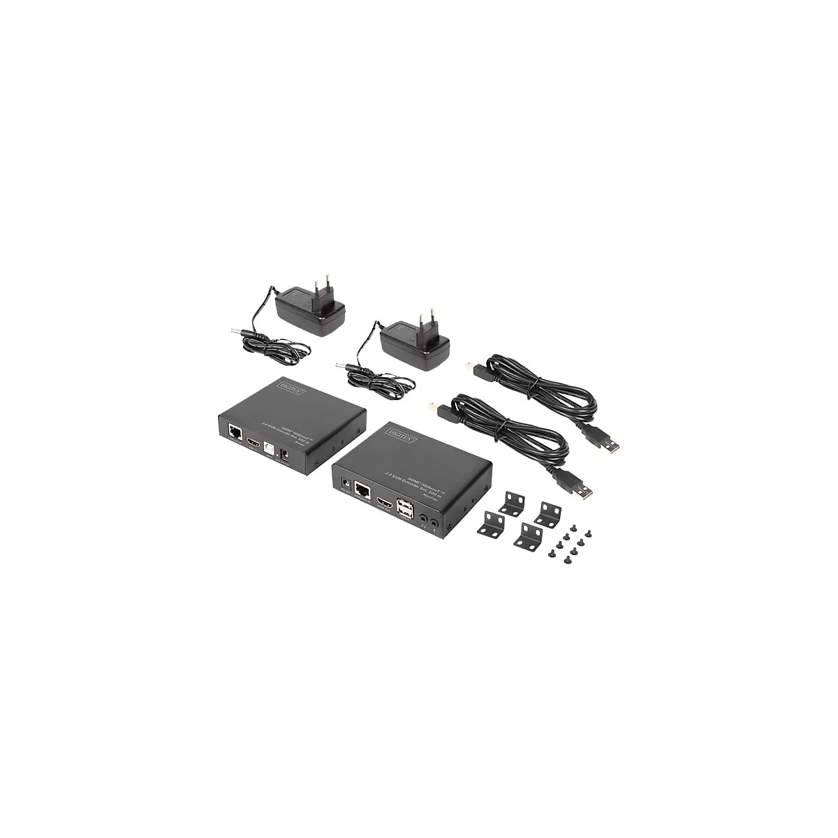 Zwei schwarze HDMI-Extender mit Netzteilen, Kabeln und ZubehÃ¶r auf weiÃŸem Hintergrund.