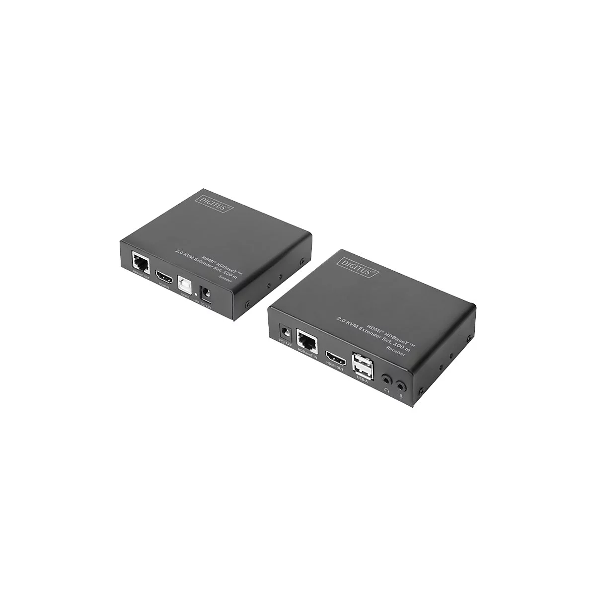 Zwei schwarze KVM-Extender-Boxen, mit AnschlÃ¼ssen und DIGITUS-Schriftzug.