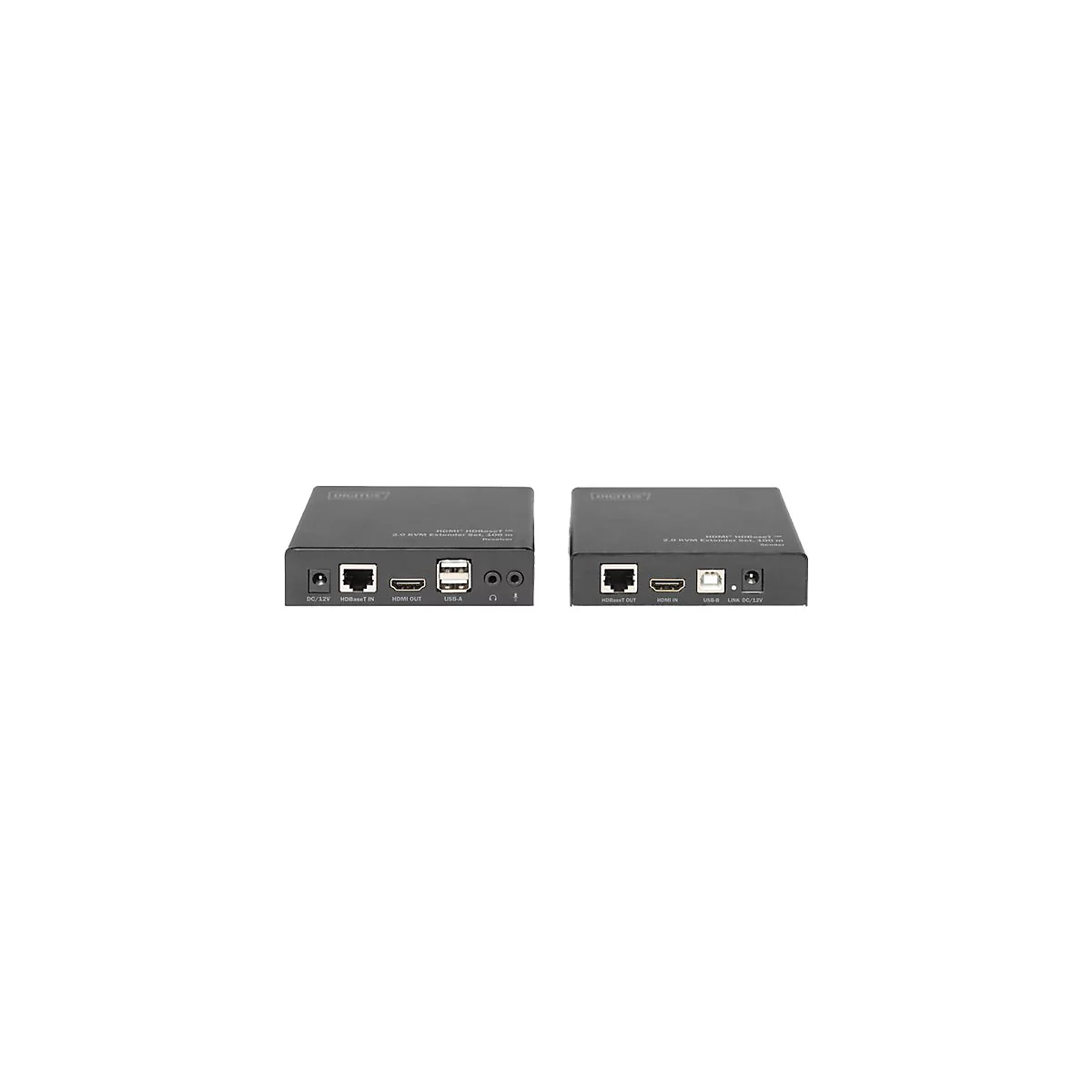 Zwei schwarze HDMI-Extender mit AnschlÃ¼ssen fÃ¼r Strom, Ethernet, HDMI und USB. Aufschrift: Digitus.