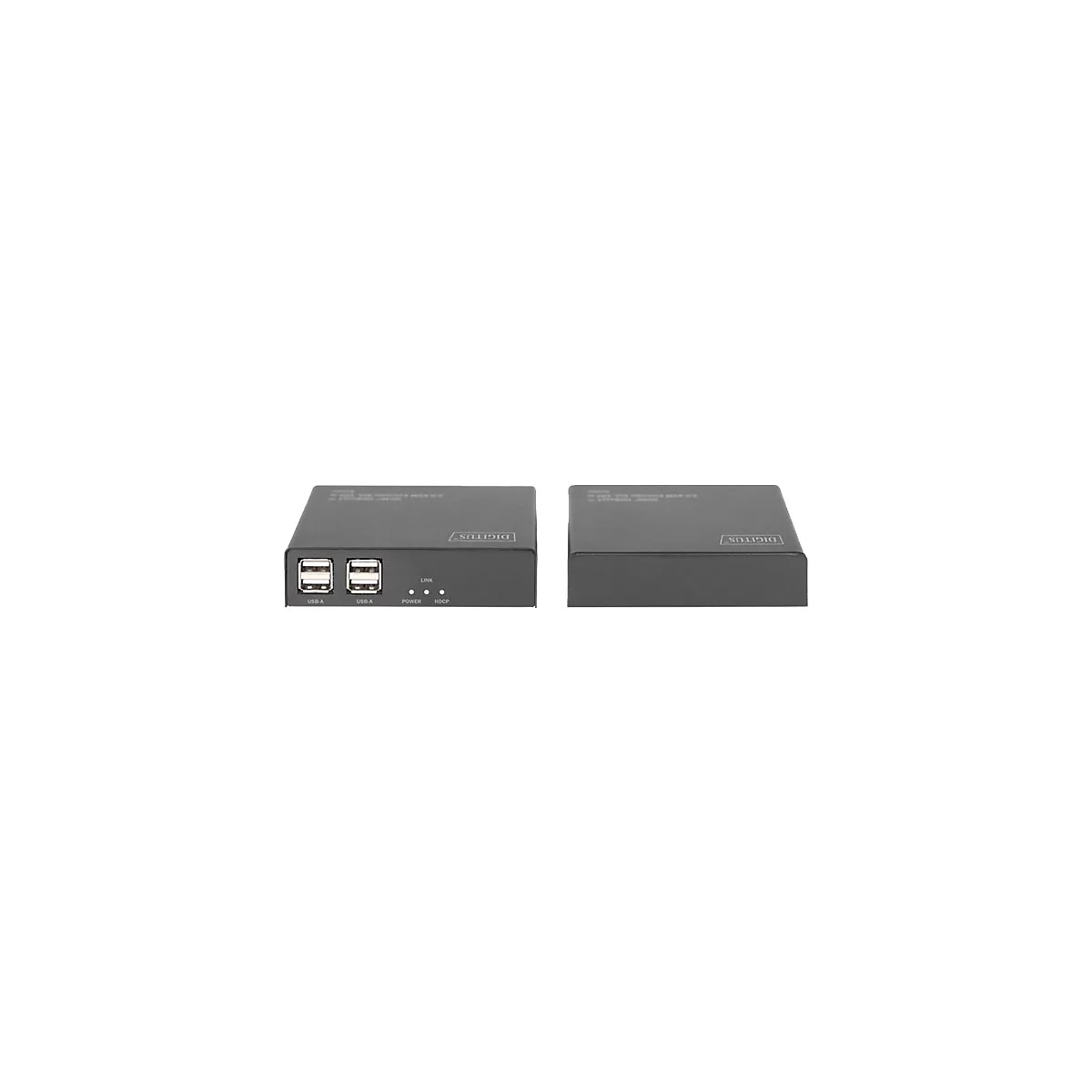 Zwei rechteckige, schwarze USB-Hubs auf weiÃŸem Hintergrund. Der erste Hub hat zwei USB-A-AnschlÃ¼sse und Kontrollleuchten. Der andere ist seitlich abgebildet.