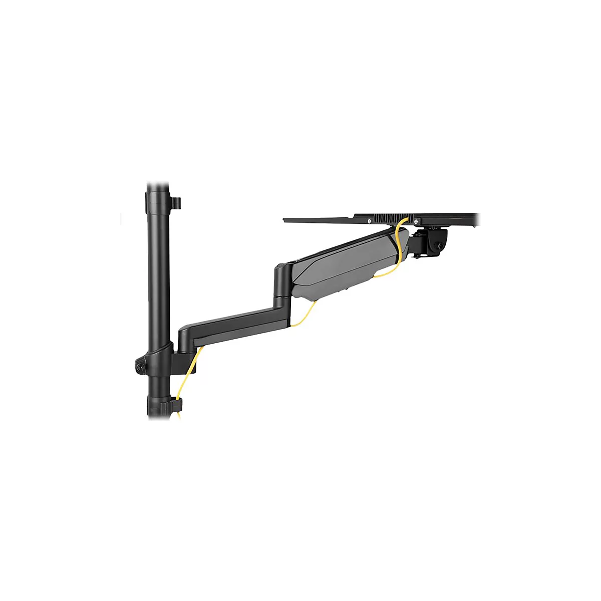 Schwarzer Monitorarm mit gelbem Kabel, an einer Säule befestigt. Eine Laptop-Halterung ist sichtbar.