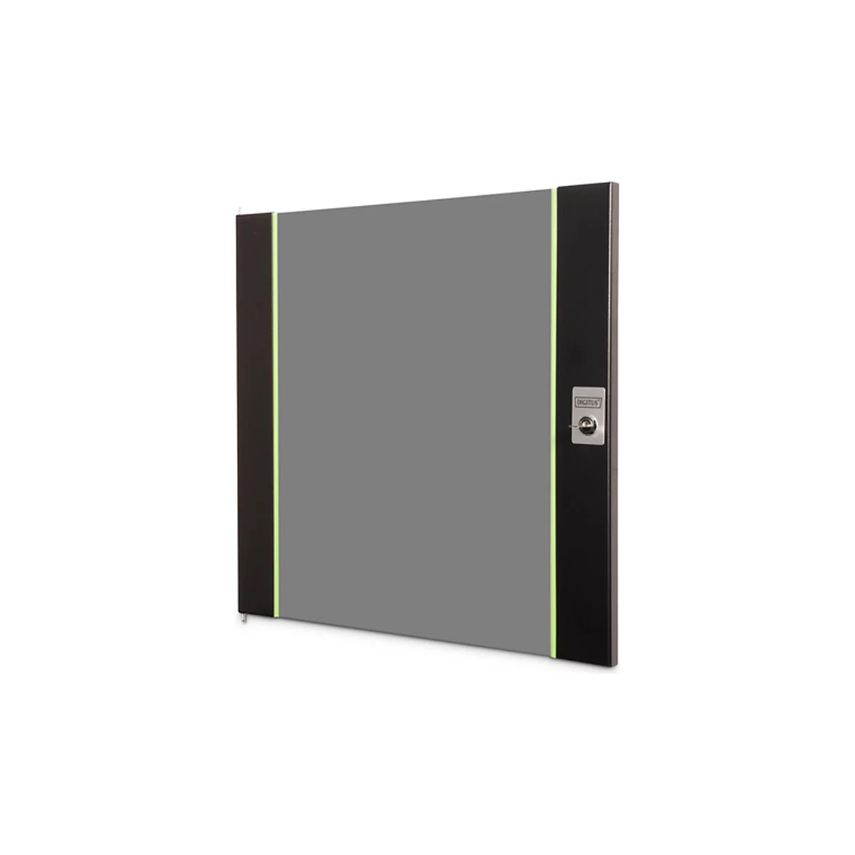 Mur d'armoire gris avec côtés noirs, accent vert et serrure avec logo "DIGITUS".