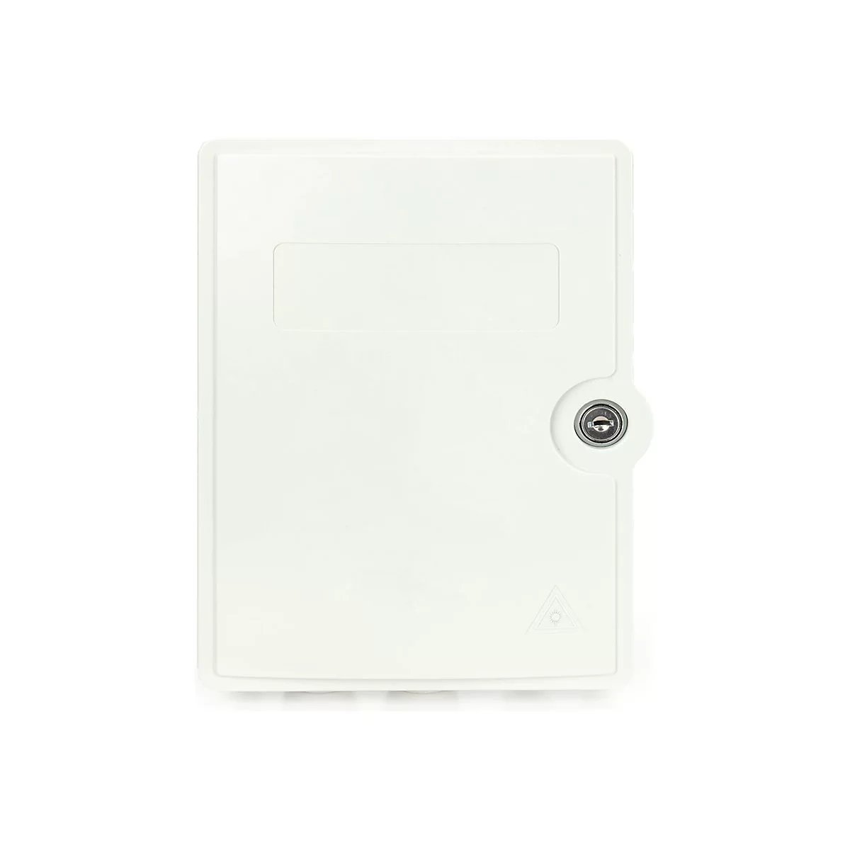 Rechteckiger, weißer Kasten mit Schloss und kleinem Fenster. Unten ein dreieckiges Symbol.