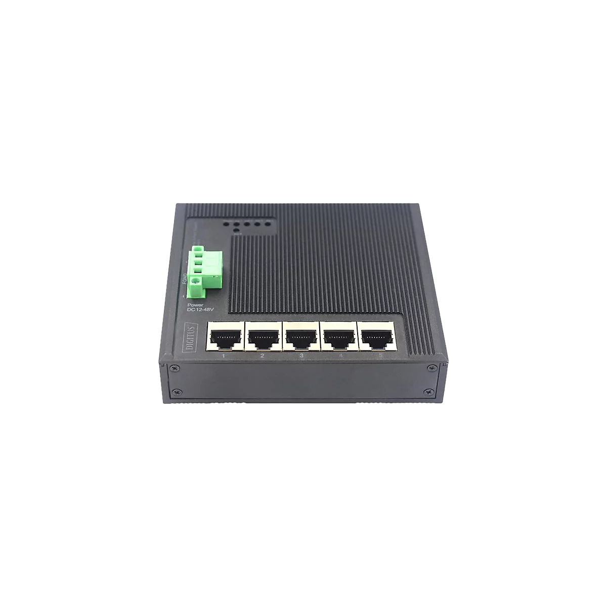 Schwarzer Netzwerk-Switch mit fünf Anschlüssen, grünem Stromanschluss und seitlichen Schrauben. Aufgedruckt sind die Worte DIGITUS, Power DC 12-48V und 1-5.