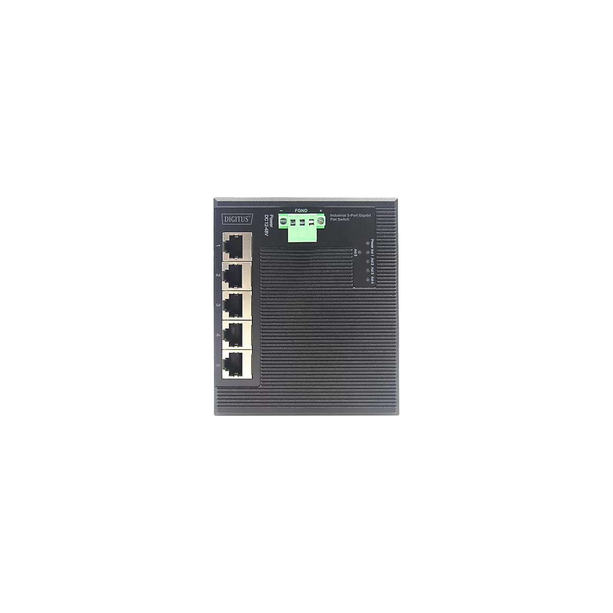 Schwarzer Netzwerk-Switch mit fünf Anschlüssen, Beschriftung mit DIGITUS, FGND und Power. Anzeigen der Ports und LEDs.