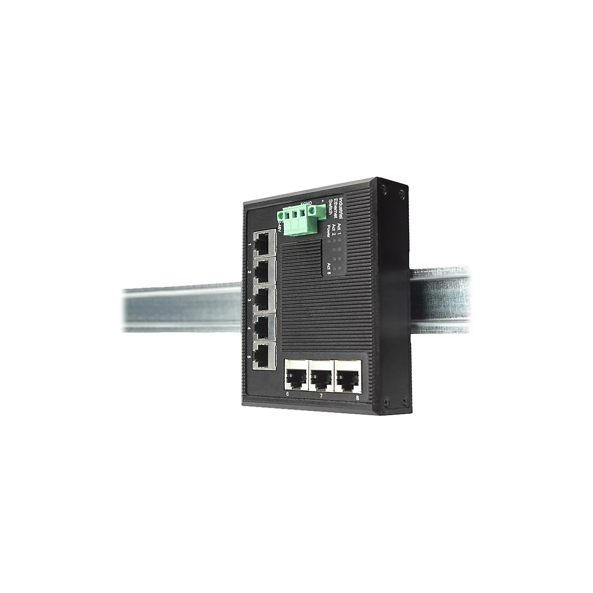 Schwarzer Industrieller Ethernet Switch mit acht Anschlüssen und LED-Anzeigen, an einer Metallschiene montiert.