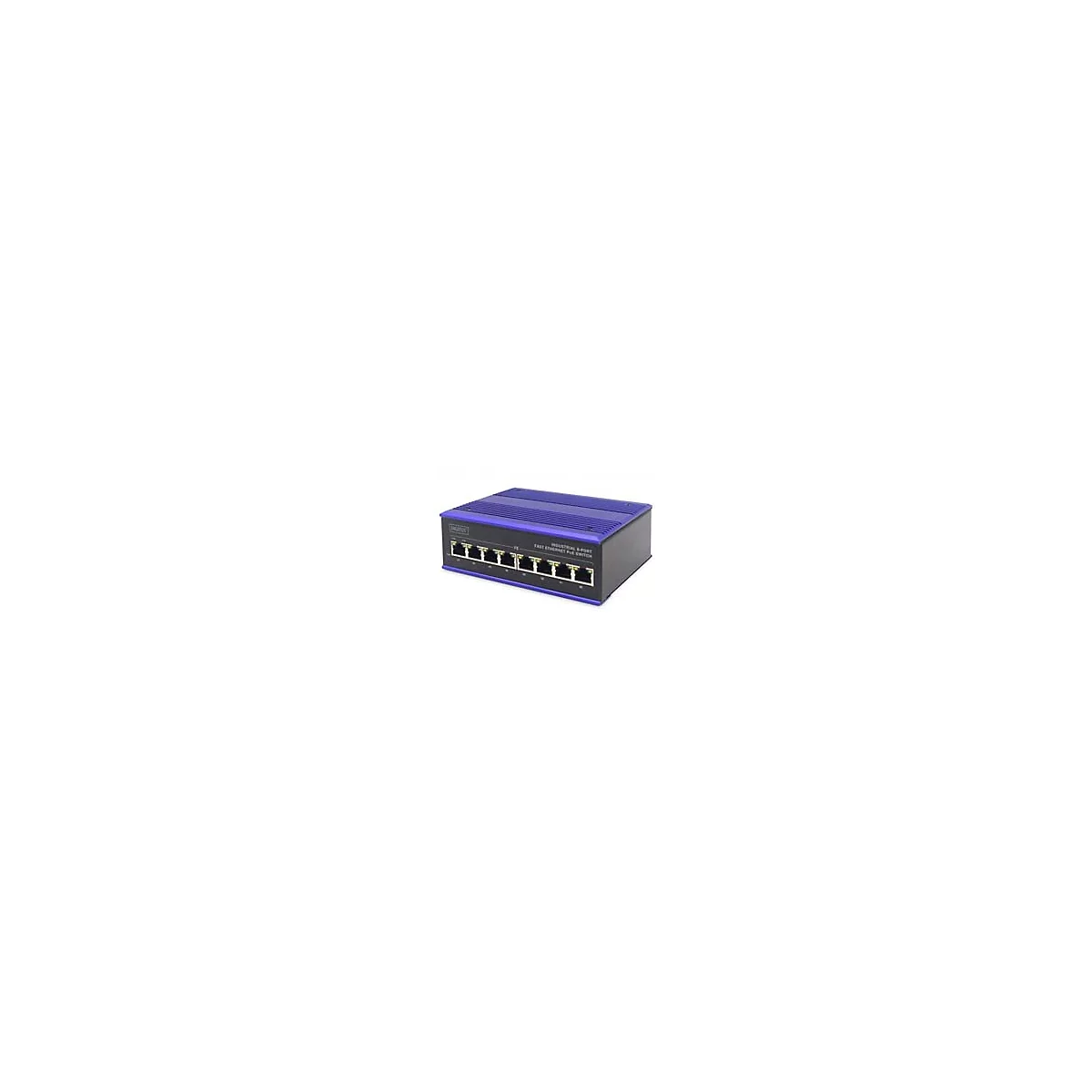 Industrieller Ethernet-Switch, schwarz-blau, mit acht Ports.