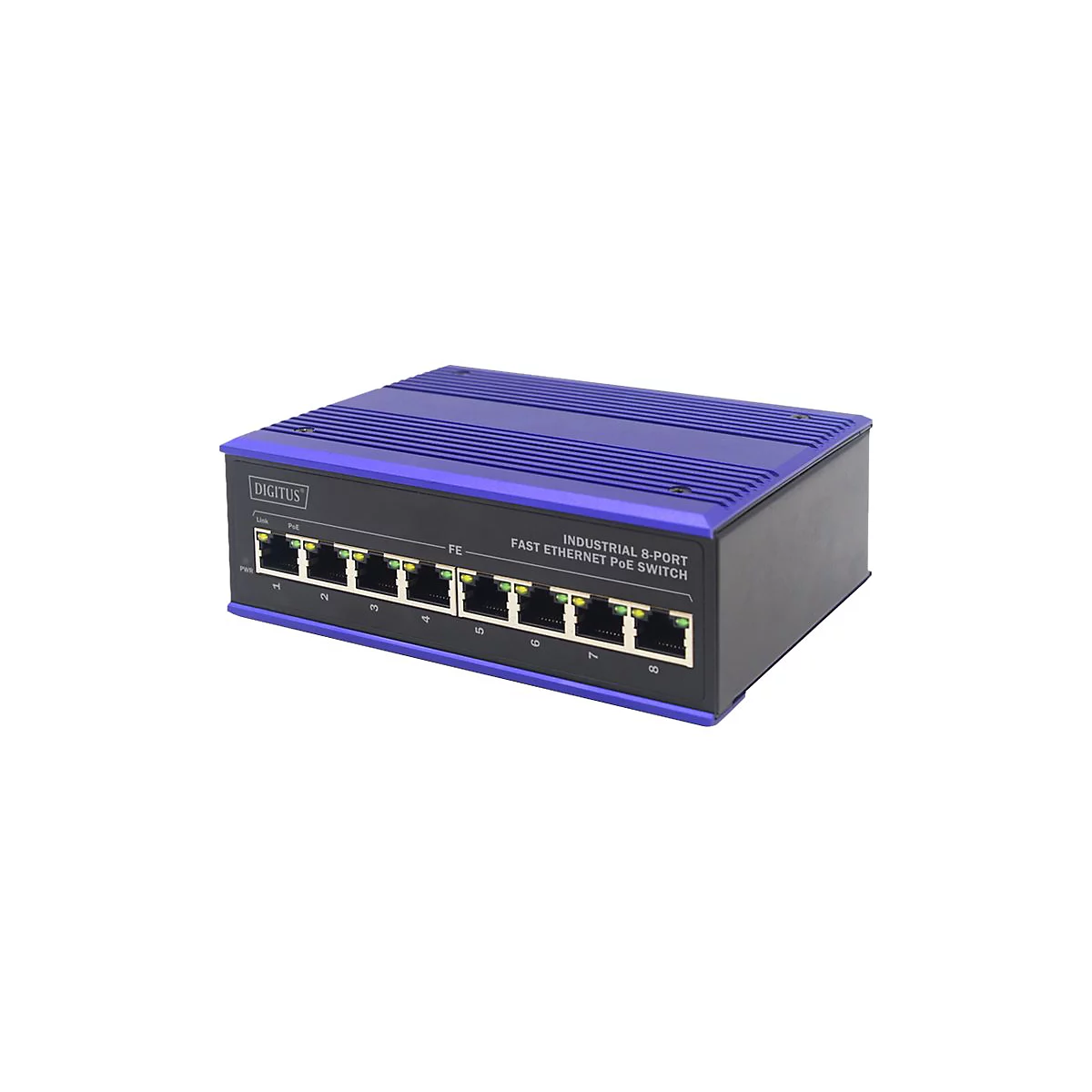 Industrieller 8-Port PoE-Switch mit blauer Oberseite, acht Ports, Schriftzug 'DIGITUS'.