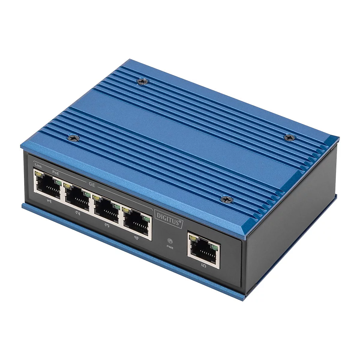 Blau-schwarzer Netzwerk-Switch mit Ports und Beschriftung. Oben Schrauben, Digitus Logo.