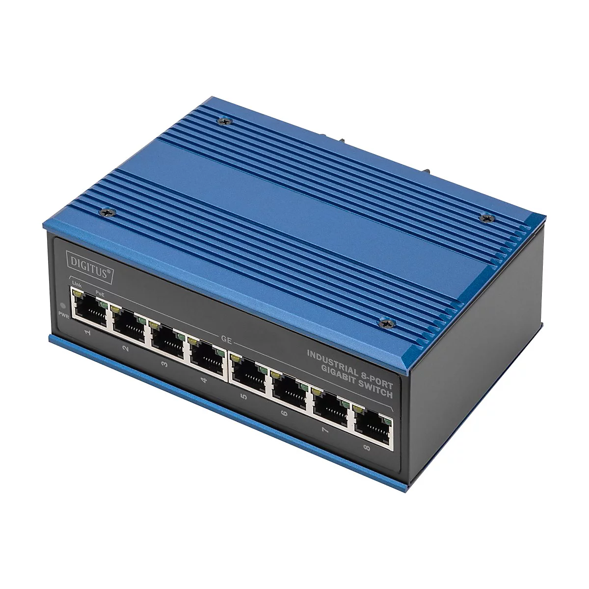Blau-schwarzer Industrial Gigabit Switch. Aufschrift DIGITUS, 8 Ports. Beschriftung: Industrial 8-Port Gigabit Switch.