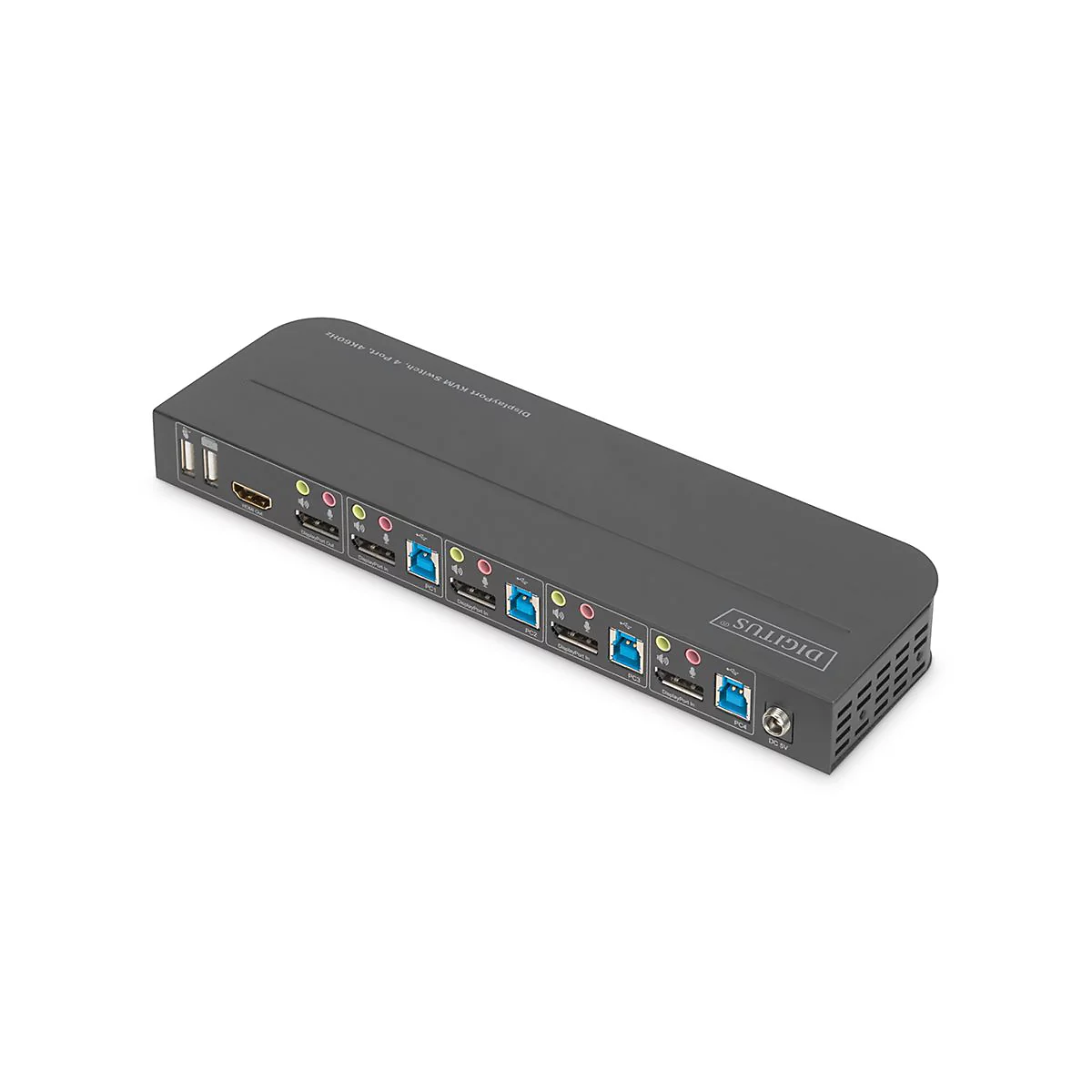 Schwarzer 8-Port USB-Switch mit HDMI-Anschluss. Mit USB- und HDMI-AnschlÃ¼ssen und der Aufschrift DIGITUS.